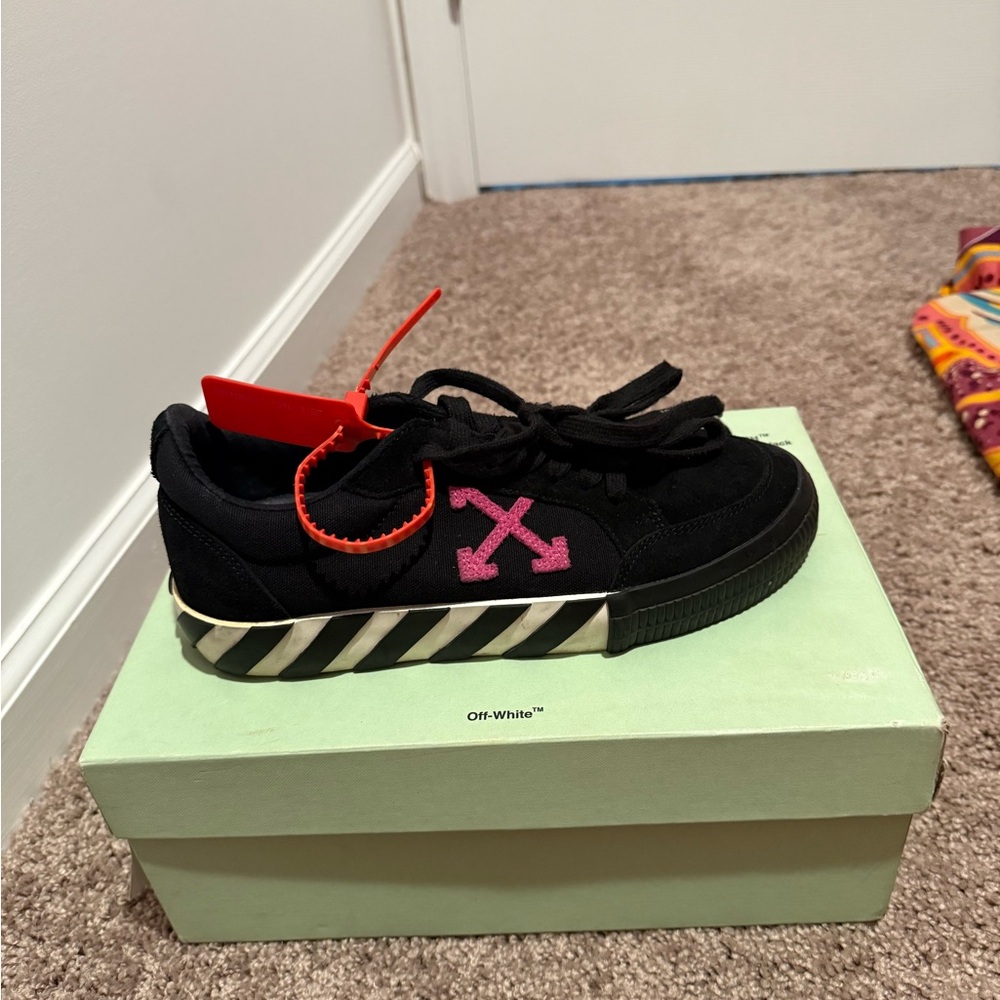 Off-White Black Sneakers with Pink and Red Accents